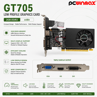 PCWINMAX GT 705 2GB 64Bit GDDR3 নিম্ন প্রোফাইল একক ফ্যান ভিজিএ ডিভিআই এইচডি পোর্ট ডেস্কটপের জন্য জিপিইউ গ্রাফিক্স কার্ড