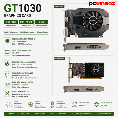 PCWINMAX GT 1030 2GB GDDR5 ATX গ্রাফিক্স কার্ড 64 বিট সিঙ্গল ফ্যান এইচডি ডিভিআই ডেস্কটপ ভিডিও কার্ড
