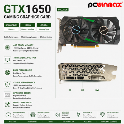 PCWINMAX GeForce GTX 1650 4GB GDRR6 128 বিট HD DP DVI আউটপুট সমর্থন DirectX 12 VR রেডি OC গ্রাফিক্স কার্ড