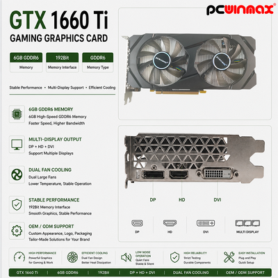 PCWINMAX Geforce GTX 1660 Ti 6GB জিপিইউ গ্রাফিক্স কার্ড 192 বিট 1500MHz/1770MHz HD DP DVI 14Gbps মেমরি
