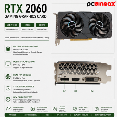 PCWINMAX Geforce RTX 2060 6GB GDDR6 192Bit 1680MHz ডুয়াল-ফ্যান গেমিং গ্রাফিক্স কার্ড HD/DP/DVI সহ ডেস্কটপ কম্পিউটারের জন্য স্টক